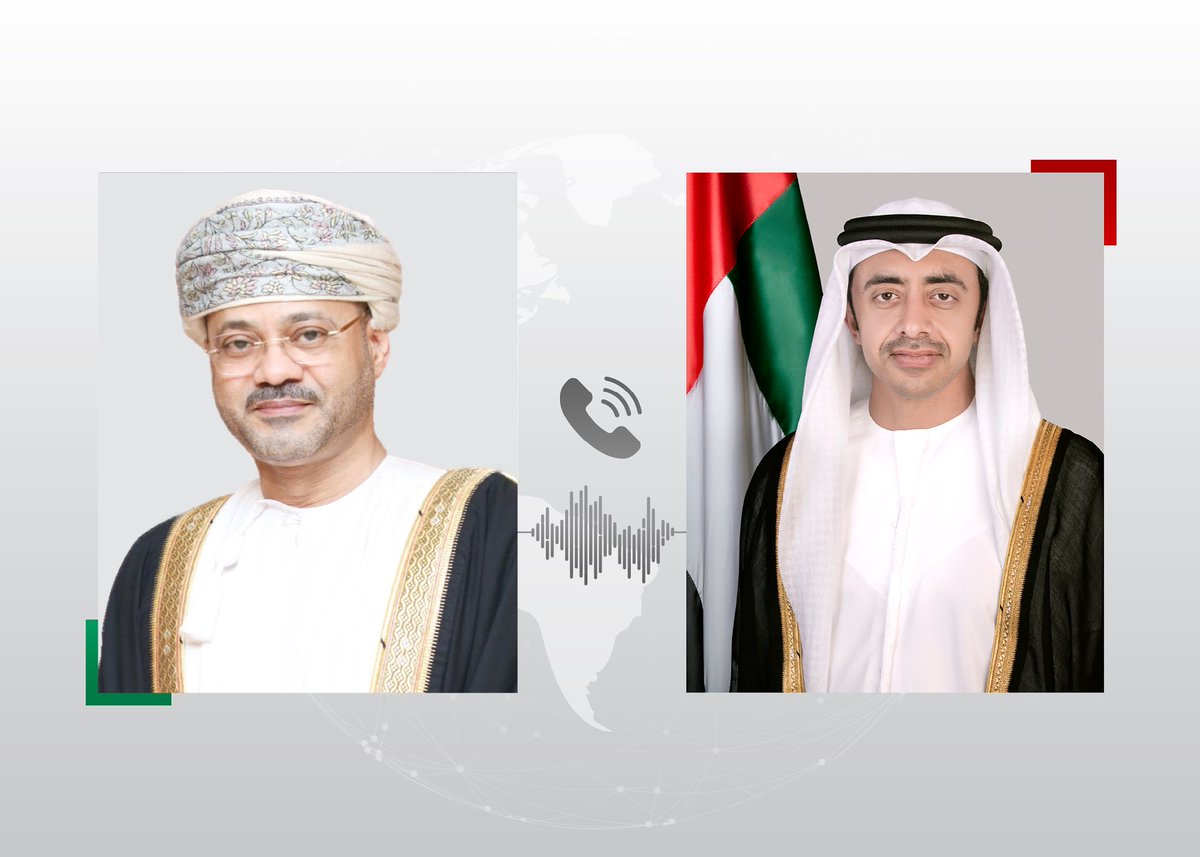 OFMUAE's tweet photo. Abdullah bin Zayed and @badralbusaidi discussed during a phone call, ways to further enhance the brotherly 🇦🇪&amp;🇴🇲 relations, as well as the latest regional developments. https://t.co/pVZUg1TFIY