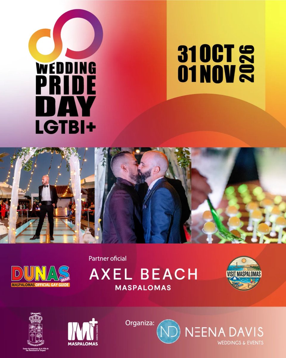 DunasMap's tweet photo. NEXT GAY EVENT TO COME IN MASPALOMAS | WEDDING DAY PRIDE | OCTOBER 31 + NOVEMBER 1ST : Axel Beach Maspalomas
Are you planning your wedding or would you like to know more about gay weddings in Gran Canaria? The event "Wedding Pride Day" was born to bring together couples, professionals, and brands who believe in a different way of experiencing weddings on the island.
More than a fair, it is an experience to discover ideas, meet specialist suppliers, enjoy live demonstrations, and connect with the people who will make your celebration real.
After a successful first edition, Wedding Pride Day returns in 2026 with an extended two-day format offering even more inspiration, experiences, and networking.
"Our goal is to become the leading LGBTQ+ wedding gathering in the Canary Islands and a reference for couples dreaming of marrying in Gran Canaria," says organizer Neena Davis.
Schedule:
Saturday, October 31: 12:00 – 19:00
Sunday, November 1: 12:00 – 18:00
Closing Party Experience: 18:30 – 22:00
WEDDING DAY PRIDE is proudly supported by Dunas Map Official Gay Guide and Visit Maspalomas App.
Confirm your attendance and buy your ticket online for the closing party.
Link in bio, on the Dunas Map website and app, and in the first comment below.