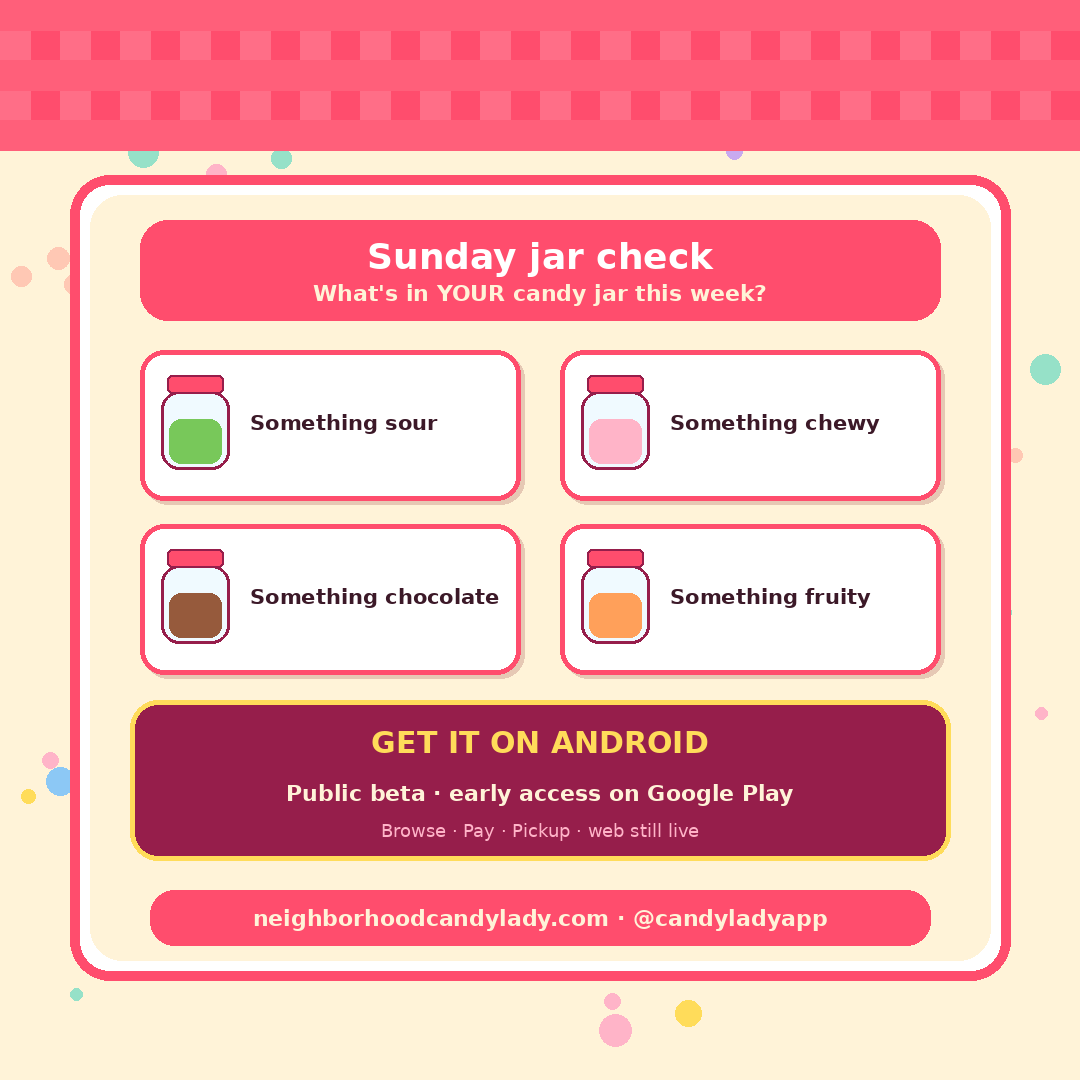 Candyladyapp's tweet photo. Sunday jar check 🍭 What's in YOUR candy jar this week: sour, chewy, chocolate, or fruity? Reply 👇
Get it on Android (public beta): https://t.co/IoIGbh4l9t
#TheCandyLady #SouthJersey https://t.co/O54UgD1zeW