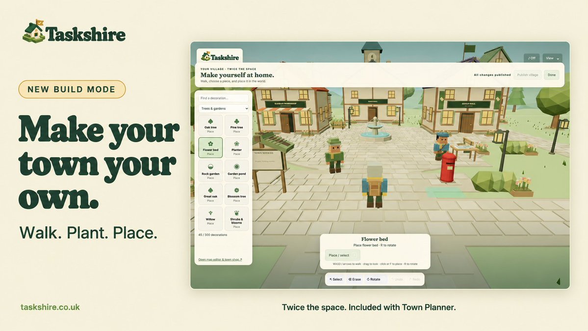 TaskshireApp's tweet photo. We’ve added Build Mode to Taskshire! 🌳

Walk around your village, plant trees, place decorations and add the finishing touches that make it yours.

Try Taskshire → https://t.co/droYsTeR5b

#PMTools #SaaS #ProjectManagement https://t.co/LrgGS40G2M