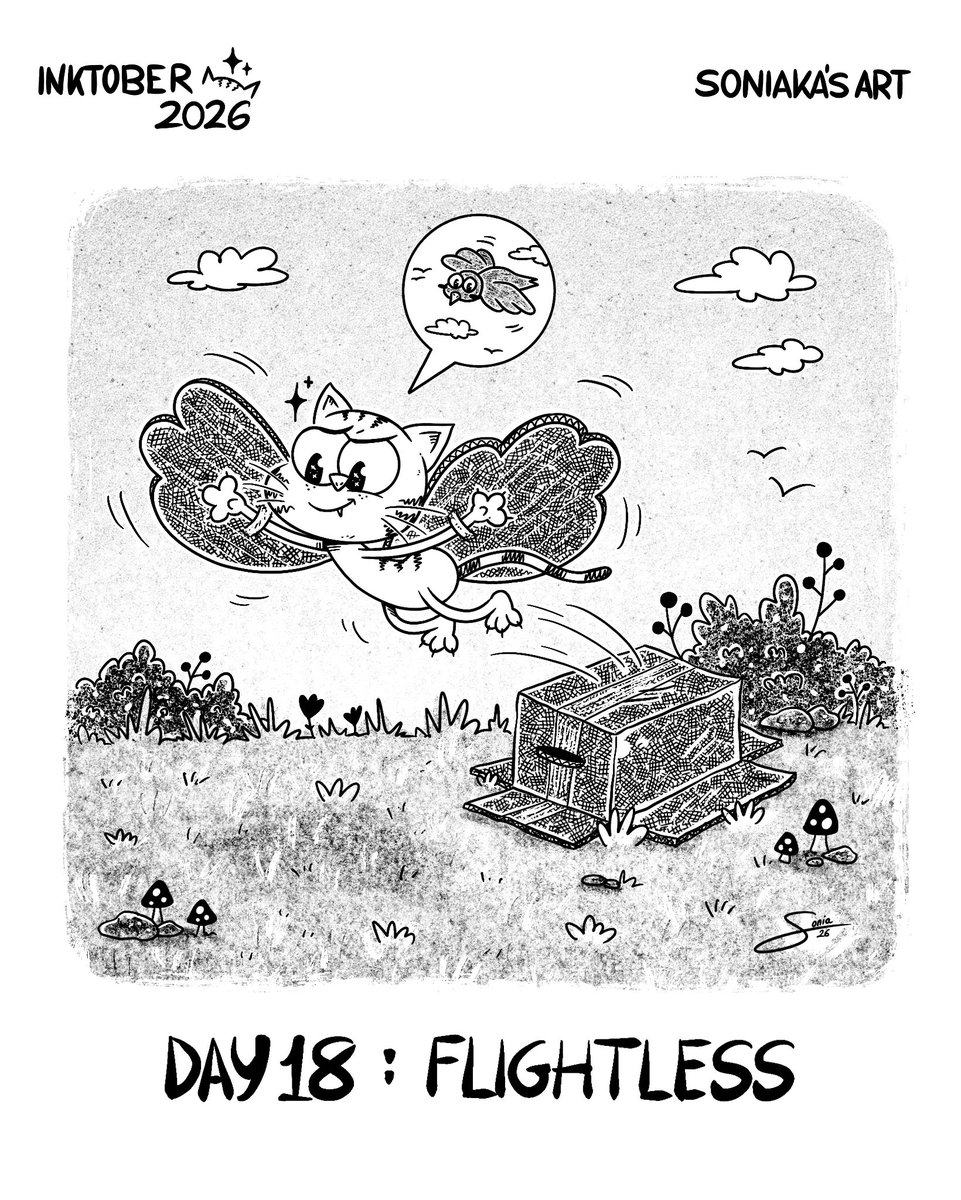 soniakasart's tweet photo. Inktober Day 18: FLIGHTLESS
.
#SoniakasArt #moniOJOtes #inktober #inktoberday18 #inktoberflightless #inktober2026flightless #inktober2026 #inktoberchallenge #inktoberprompts #inkwork #inkdrawings #inktoberlist #dailysketch #dailydoodle @inktober https://t.co/iqkQeaalOK