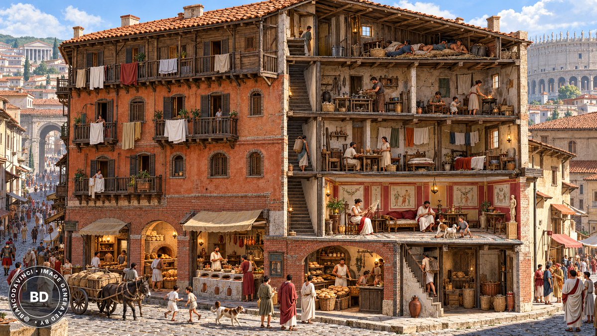 BiancoDavinci's tweet photo. Most people in ancient Rome lived in rented apartments.

Today, a 1,900-YEAR-OLD Roman apartment block is still standing in Rome, at the foot of the Capitoline Hill.

Records from the 4th century say the city had about 46,000 apartment blocks, called “insulae.” In comparison, there were fewer than 2,000 private houses.

Some of these buildings were so tall that Augustus banned anything higher than 70 Roman feet (about 20 meters). Later, Emperor Trajan lowered the limit to 60 Roman feet.

The floors worked the opposite way from today. Shops were on the ground floor, and rich tenants lived on the first floor. The higher you went, the cheaper the rent and the worse the living conditions: there was no running water, there were fewer windows, and there were a lot of stairs to climb.