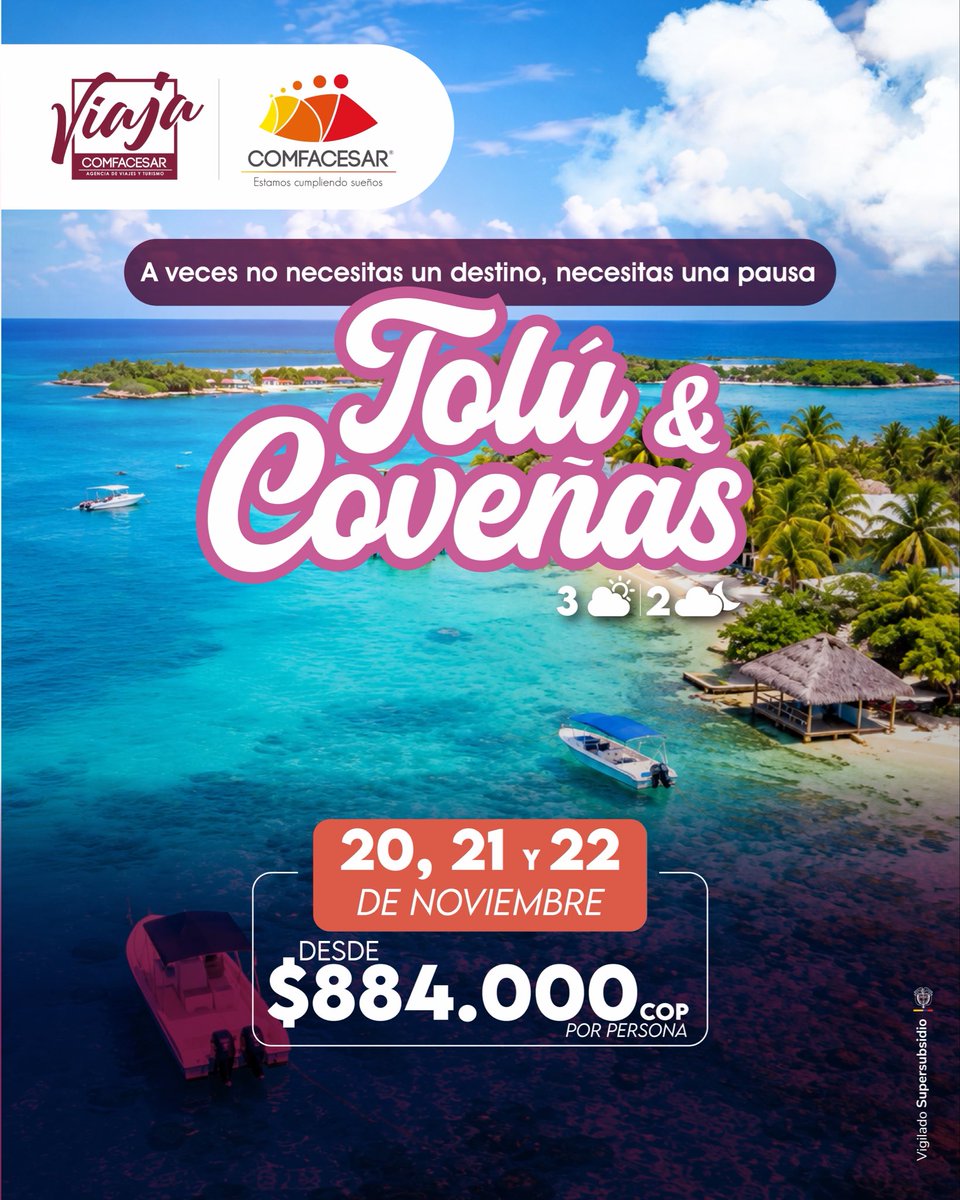 comfacesar's tweet photo. ☀️ ¡Haz una pausa y viaja con VIAJA Comfacesar!

Tolú y Coveñas te esperan del 20 al 22 de noviembre. Incluye transporte, alojamiento, alimentación, tours y seguro de viaje.

💰 Desde $884.000 por persona.

Reserva: 317 402 1969 - 323 292 1920 https://t.co/wRS5rydvGj