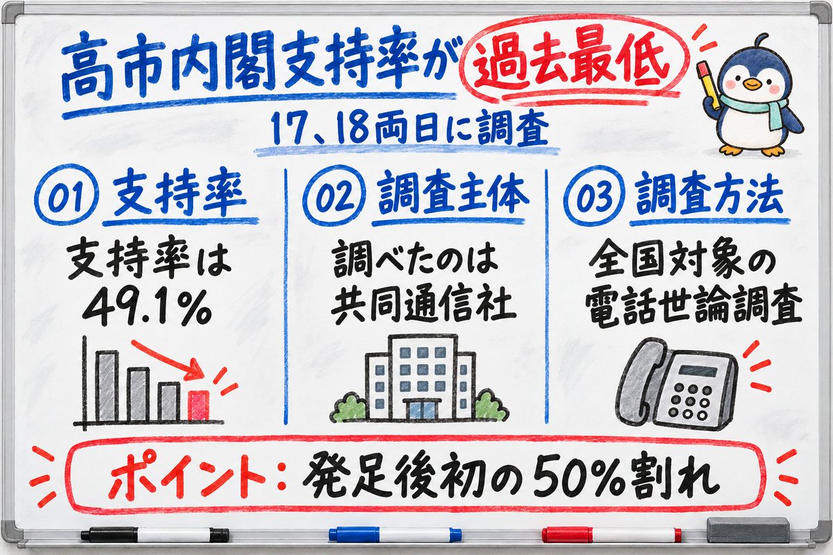 aleyola02's tweet photo. 共同通信社が17、18両日に行った全国電話世論調査で、高市内閣の支持率は49.1%となり過去最低でした。
政権発足後、50%を割り込むのは初めてです。
出典：産経ニュース、カナロコ、ORICON NEWS、47NEWS https://t.co/zruCLtYqed