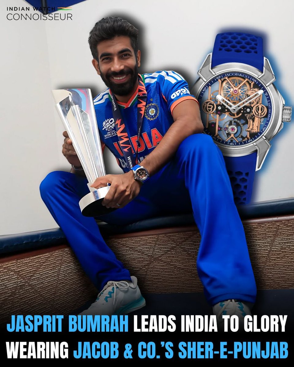HowardPais75820's tweet photo. Winning snapshots frequently obscure minor elements, yet this image features a significant timepiece. Jasprit Bumrah is wearing the Jacob &amp; Co. Epic X Sher‑e‑Punjab Edition, a watch that certainly commands attention. Its skeletonized dial showcases t... https://t.co/PaX1c8mLHm