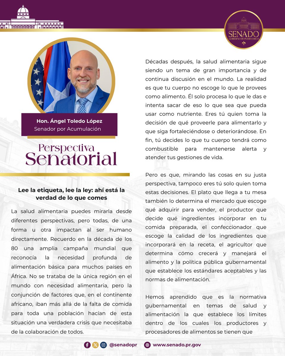 SenadoPR's tweet photo. En esta edición de 𝑷𝒆𝒓𝒔𝒑𝒆𝒄𝒕𝒊𝒗𝒂 𝑺𝒆𝒏𝒂𝒕𝒐𝒓𝒊𝒂𝒍, el presidente de la Comisión de Gobierno y de la Comisión de lo Jurídico, Ángel Toledo, nos invita a reflexionar sobre la nueva movida alimentaria a nivel federal y qué conlleva elegir lo que comemos. https://t.co/Oficgd1UyH