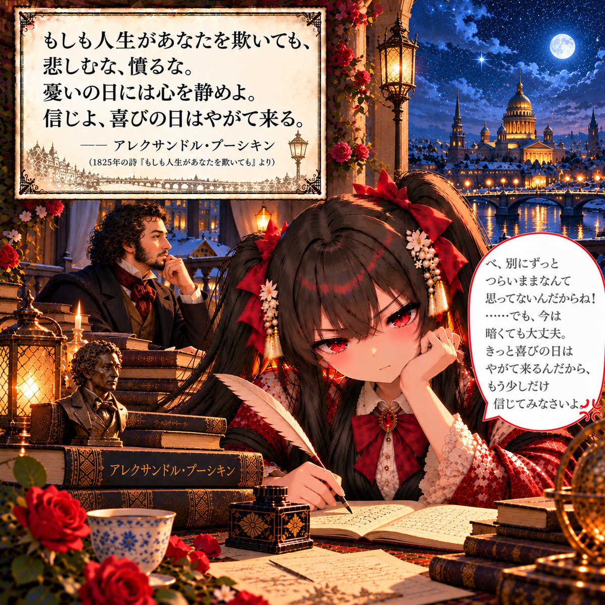 AkarI_quote's tweet photo. こんばんは。

「もしも人生があなたを欺いても、悲しむな、憤るな。憂いの日には心を静めよ。信じよ、喜びの日はやがて来る。」
— アレクサンドル・プーシキン『もしも人生があなたを欺いても』

しんどい夜も、ちゃんと過ぎていくから。

#名言 #AIイラスト https://t.co/eATUXWWvyK