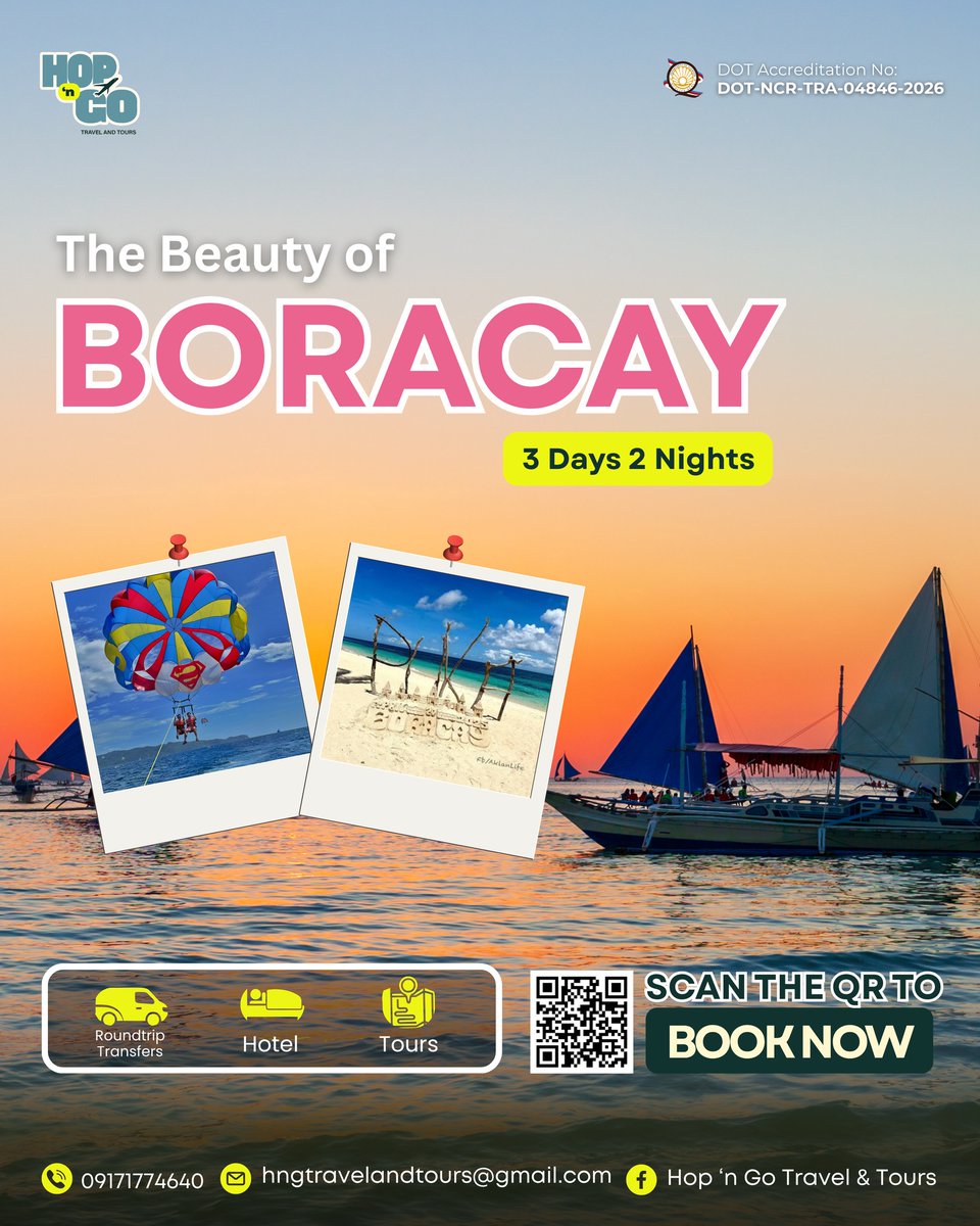 Margareth5194's tweet photo. Make Boracay your next escape. Enjoy 3 days and 2 nights of white-sand beaches, stunning sunsets, island adventures, and unforgettable beach moments. Roundtrip transfers, hotel, and tours included. Pack your bags and go. https://t.co/CNqM1kkOTP