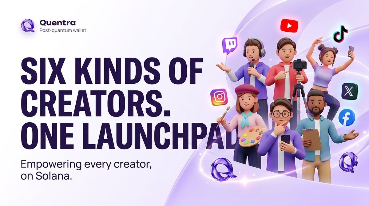 quentraofficial's tweet photo. Six kinds of creators, one launchpad.

The streamer on Twitch. The YouTuber with a decade of uploads. The TikToker who blew up last month. The artist on Instagram. The voice on X. The local page everyone follows on Facebook. All of them can be paid on Quentra. https://t.co/8ccfC0kvIc