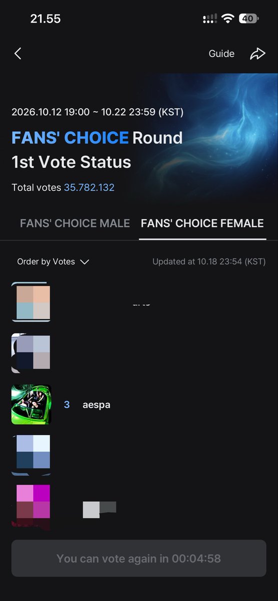 nahiaryu's tweet photo. Top 10 Melon, aespa is currently at #10 
2026 MAMA Fans’ Choice Female, aespa is at #3

Come on, MYs!! Let’s work harder and keep voting for aespa! We can do this! 🫶🏻💙

I vote #aespa for Fans’ Choice Female #2026MAMAVOTE https://t.co/fjzv9voDIr
