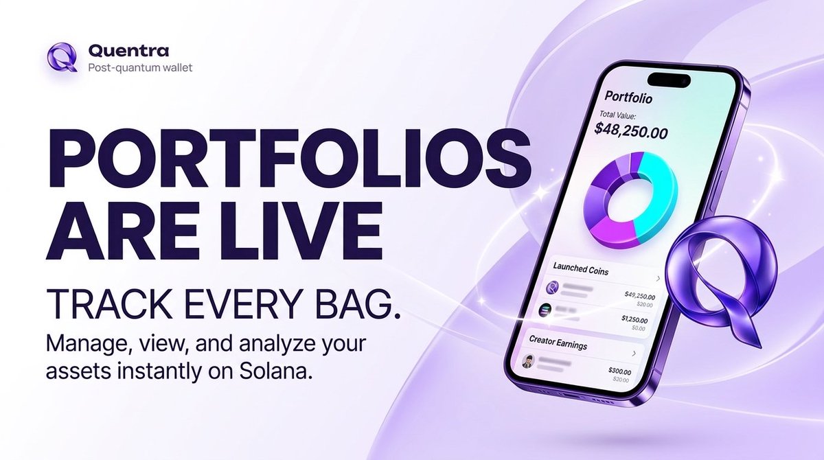 quentraofficial's tweet photo. Quentra now has portfolios.

See every Quentra coin a wallet holds, what it’s worth right now, how the bag is split, what that wallet launched, and which coins pay it creator fees. Works for any wallet. Tap a top holder on any coin to see what else they’re holding.

https://t.co/ItbGiCxhlQ