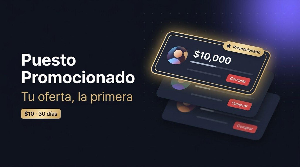 QvaPay's tweet photo. ⭐ NUEVO EN EL P2P: PUESTO PROMOCIONADO
Pon tu oferta en lo más alto del mercado.
Cada moneda tiene dos puestos, uno en Comprar y otro en Vender. Quien lo tiene sale primero en el listado, con borde dorado y la etiqueta «Promocionado».

💰 ¿Cuánto cuesta?
✅ Puesto libre: $10 por 30 días. Lo compras al instante y nadie te lo quita en ese tiempo.
✅ Puesto ocupado: puja por el siguiente periodo. Para ir delante tienes que superar la puja más alta en un 10% (mínimo +$1).

🔁 Pujar no te cuesta si pierdes
La puja se descuenta de tu saldo y, si alguien te supera, te la devolvemos completa al momento. Solo paga quien gana.
📈 Siempre tu mejor tasa
Mostramos solo tu oferta abierta con la mejor tasa. Mantén ofertas activas: sin ninguna abierta, el puesto no muestra nada.

🔔 Te avisamos por push y Telegram cuando te superen, cuando ganes y 3 días antes de que venza tu compra.

👉 Mercado P2P, botón «Promocionar»:
https://t.co/8uRIyHRWdY