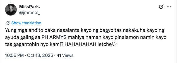 ilovedlsuls's tweet photo. Sa mga pinoy, kapag nakita niyo yang mga fans ng BTS na namimigay ng relief goods, ipalamon niyo sa kanila. Hindi naman pala bukal sa loob nila yung pamimigay. Pakitang tao lang pala. Makasabing "pinalamon namin kayo" as if kayo lang ang tumutulong sa kanila. Kakapal! https://t.co/hvhcnHcIxK