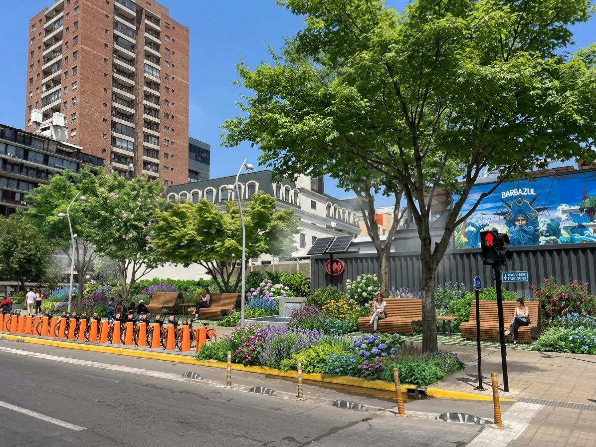debustam's tweet photo. @jaimebellolio Transformar esquinas grises en espacios vivos es clave para el bienestar de nuestra ciudad. Propuesta de renovación para esta esquina: más verde! áreas de descanso y sombra para reducir el calor en la acera y mejorar la calidad de vida de todos🌳🏙️! @Orrego #provi https://t.co/GhShc2okN8