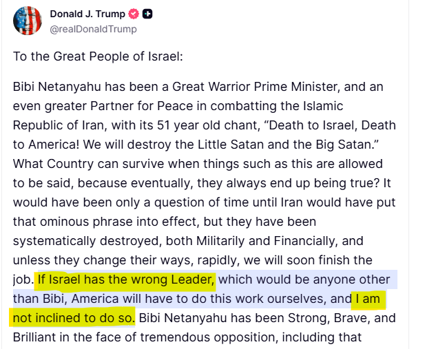 jamiedupree's tweet photo. Trump says if Israel does not re-elect Netanyahu, then the US may not defend Israeli interests:  "If Israel has the wrong Leader, which would be anyone other than Bibi, America will have to do this work ourselves, and I am not inclined to do so." https://t.co/id0RMa4SUI