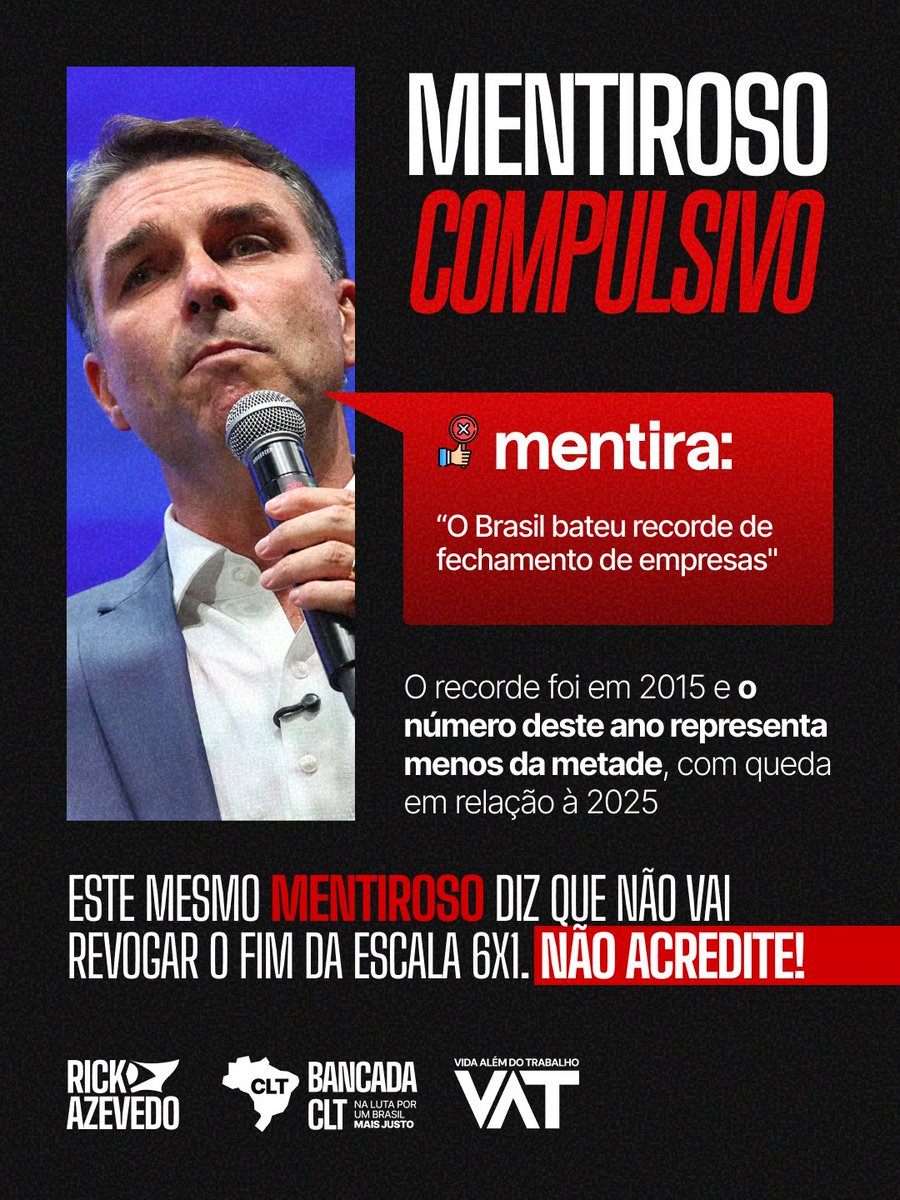rickazzevedo's tweet photo. Flávio Bolsonaro mente com a tranquilidade de quem acha que o povo não tem memória. Mente sobre o país, sobre a fome, sobre o trabalho, sobre tudo. Agora quer fazer o trabalhador acreditar que vai defender direitos?
Não caiam nessa. https://t.co/ezOBJGAk2Z