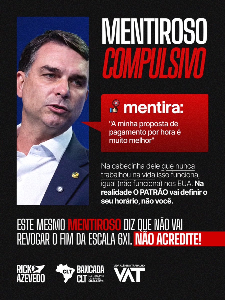 rickazzevedo's tweet photo. Flávio Bolsonaro mente com a tranquilidade de quem acha que o povo não tem memória. Mente sobre o país, sobre a fome, sobre o trabalho, sobre tudo. Agora quer fazer o trabalhador acreditar que vai defender direitos?
Não caiam nessa. https://t.co/ezOBJGAk2Z