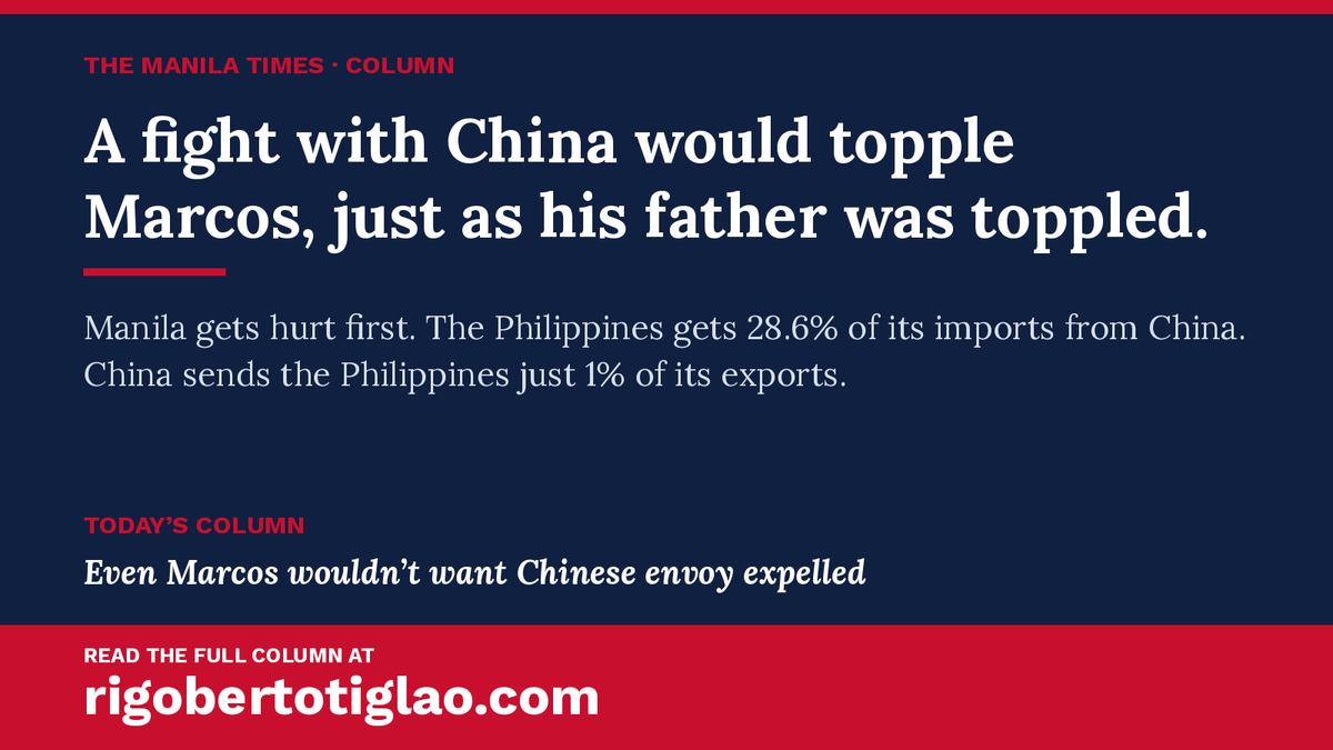 bobitiglao's tweet photo. A fight with China would topple Marcos, just as his father was toppled.

The Philippines gets 28.6% of its imports from China. China sends the Philippines 1% of its exports.

Today's column: "Even Marcos wouldn't want Chinese envoy expelled" https://t.co/vmfMTK1Lzd