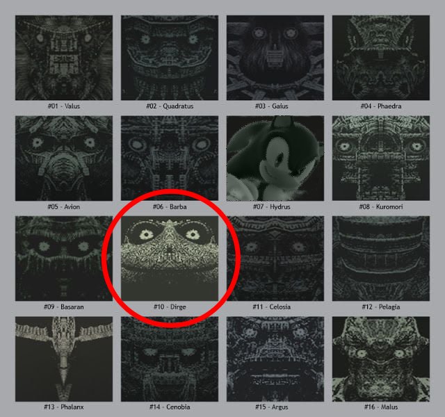 Secret_Ringsfan's tweet photo. I love the creepy vibes of the game over screens for each colossus in Shadow of the Colossus 
Like look at dirge,that things is so secret scary https://t.co/CQuVs3XfI4