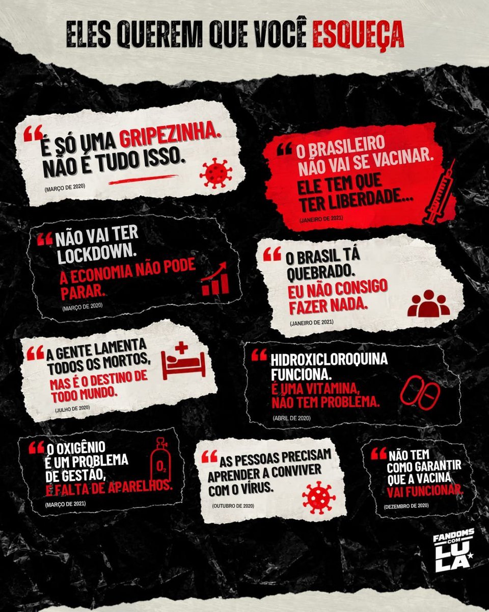 BTSxBRAZIL's tweet photo. Mais de 700 mil brasileiros morreram durante a pandemia de Covid-19. A demora na compra de vacinas, a crise do oxigênio em Manaus e a minimização da doença, chamada de “gripezinha”, marcaram esse período.

ELES QUEREM QUE VOCÊ ESQUEÇA. NÓS NÃO VAMOS ESQUECER. https://t.co/VBrYJYfARd