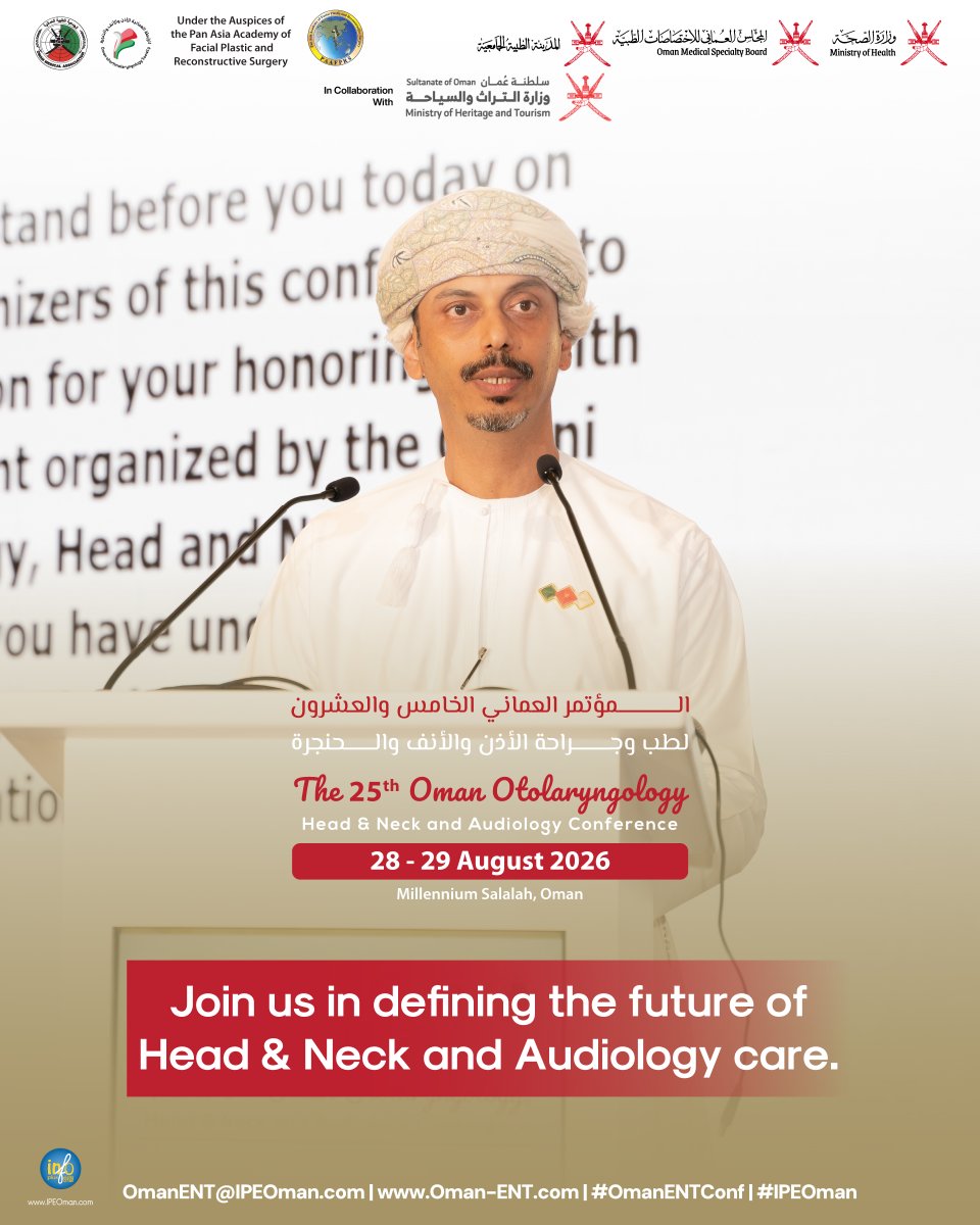oman_ent's tweet photo. Secure your place at the 25th Oman ENT, Head & Neck & Audiology Conference and join us in the breathtaking city of Salalah during the magical Khareef season.
Register now: https://t.co/4SPxjDf3wf
See you at #OmanENTConf 2026.
#OmanENTConf #ENT #IPEOman https://t.co/lsENLTEre0