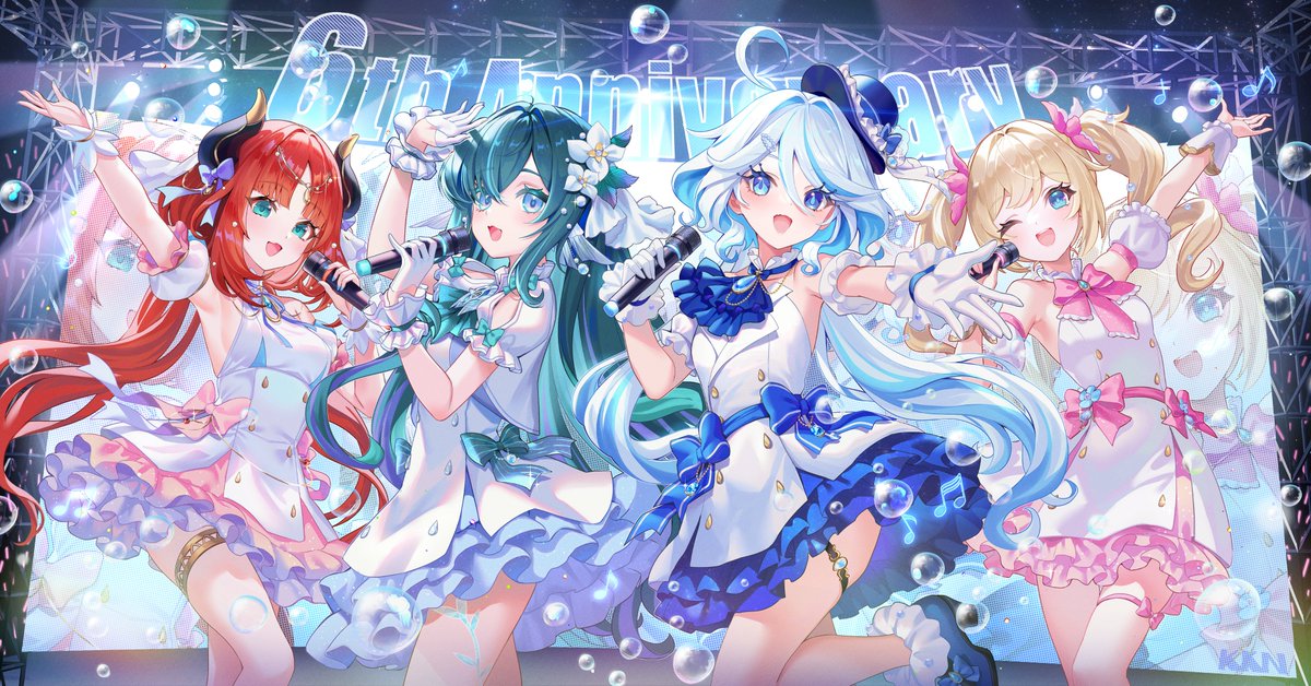 kumokoneko's tweet photo. 大遅れですが、原神6周年おめでとうございます！🎉
ずっと描きたかった水のアイドルパーティーを描きました！🫧🫧
~4Kで読み込めます~
#原神 #ヴォジャニーツァ #フリーナ https://t.co/7GRZ3aV6Jp