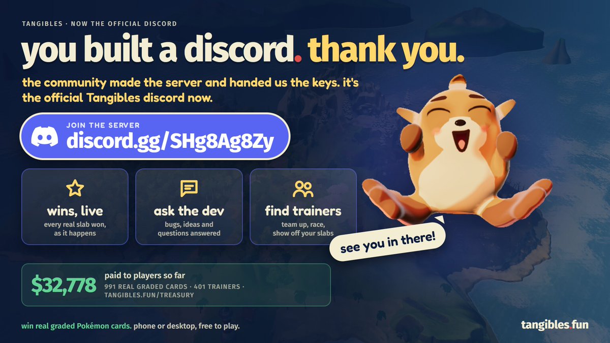 tangiblesgame's tweet photo. you built a discord before we did

the community made this server and handed us the keys. it is the official Tangibles discord now. thank you.

every real slab win posted live, the dev in the chat, and the other trainers. link in the replies 👇 https://t.co/bFYEukxv9R