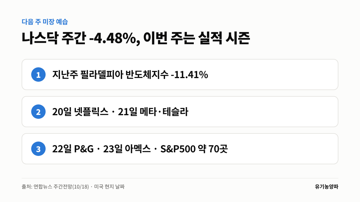 organic_onions's tweet photo. 일요일 밤, 다음 주 미장 예습.

지난주 나스닥 -4.48%, 6월 말 이후 주간 최대 낙폭.
반도체지수는 -11.41%(연합뉴스).

이번 주 실적(현지 날짜)
20일 넷플릭스
21일 메타·테슬라
23일 아멕스

월요일 출근길이 벌써 무겁다.
뇌피셜, 투자권유 아님.

#미장 #나스닥 #실적시즌 https://t.co/xUJsrojf1X