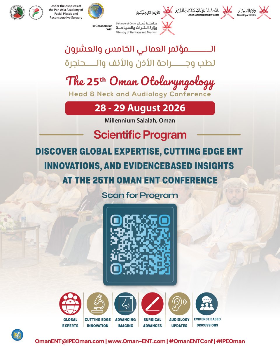 oman_ent's tweet photo. Discover What’s on the Scientific Program.
Register now and be part of it.
🎟️ Registeration: https://t.co/4SPxjDf3wf
🌐 https://t.co/IgMLwVzlSI
#OmanENTConf #ENT #HeadAndNeckSurgery #IPEOman https://t.co/pzQ95IMSzg