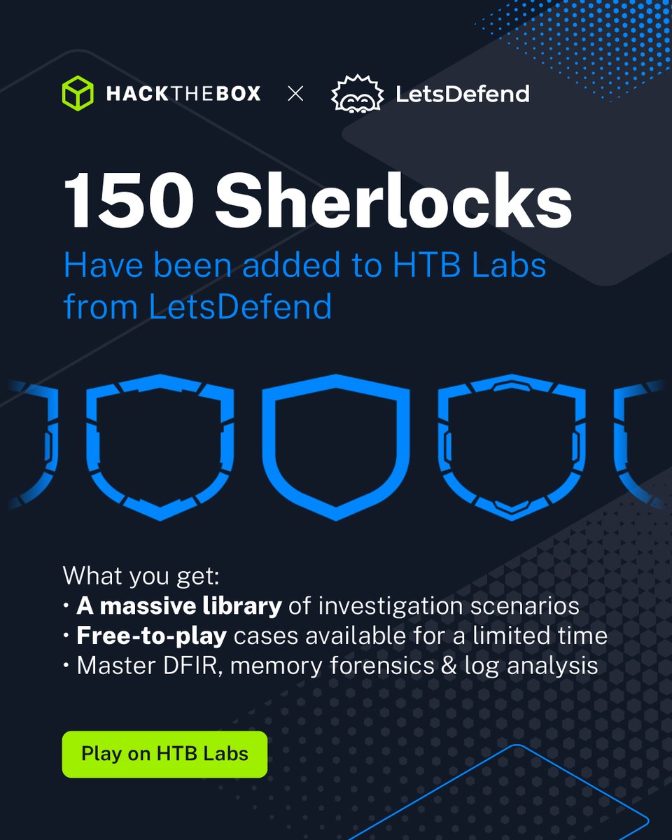 hackthebox_eu's tweet photo. Clear your queue. We just hit 150 LetsDefend Sherlocks in HTB Labs🛡️

Whether you’ve been grinding through them as they drop or you're looking for a fresh incident to dissect, your next investigation is ready.

🔗 Pick a case and start digging >>> https://t.co/2zKzR25191

#HackTheBox #LetsDefend #BlueTeam #DFIR #CyberSecurity