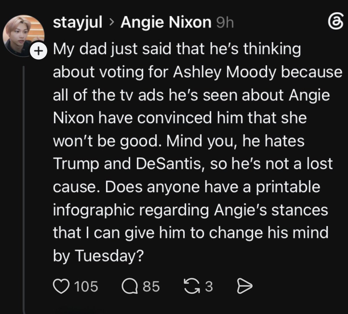 cwebbonline's tweet photo. Just saw an exchange that every politician and candidate should note.

Someone posted that their dad was considering voting for Ashley Moody because of negative ads about Angie Nixon.

And Angie Nixon showed up in the replies, addressed his concerns, explained what she’s fighting for, and made it personal.

People want to feel heard, not just talked at. Angie’s response was perfection 🔥