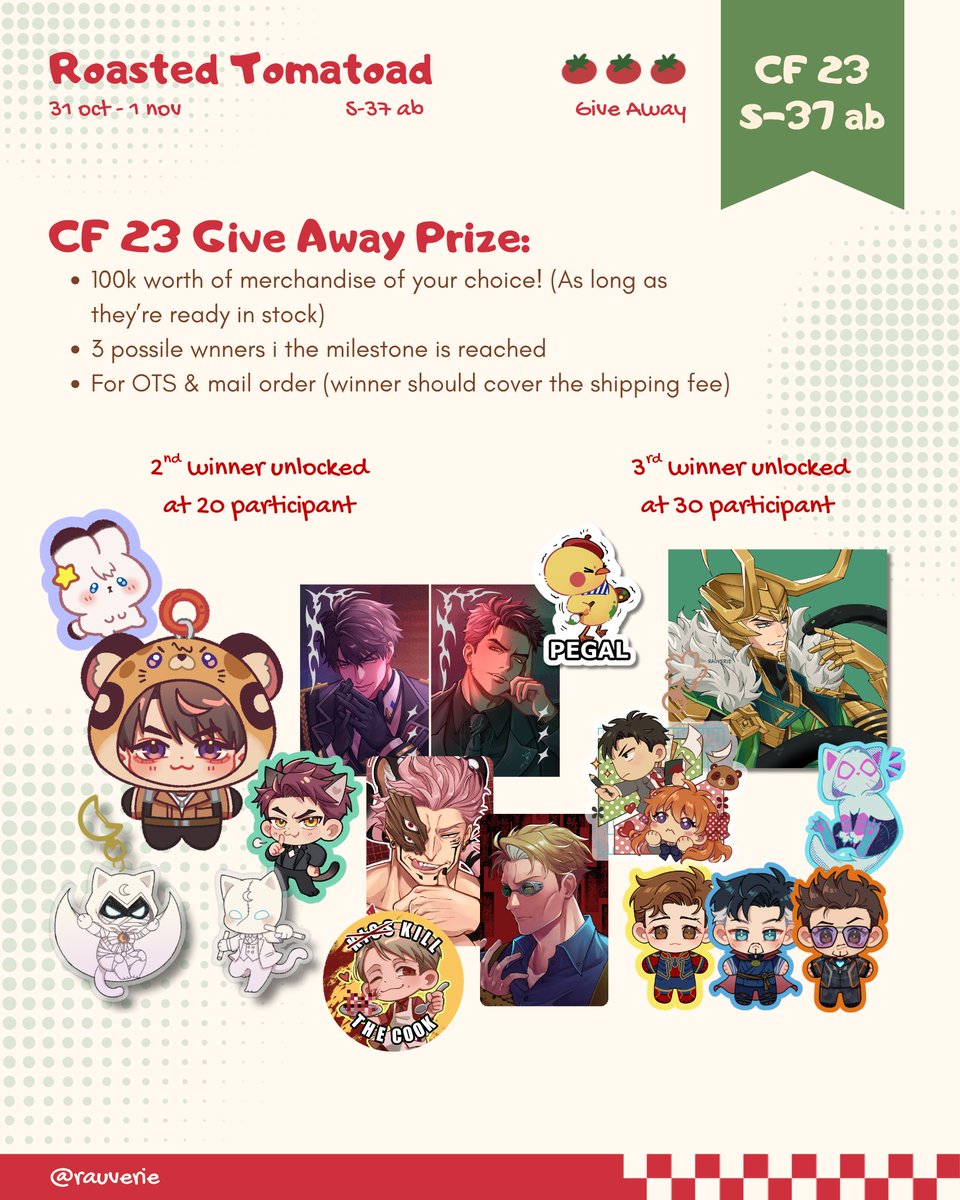 rauverie's tweet photo. Hi guys! I'm hosting a giveaway for local only!

✿ End 24 October
✿ 3 possible winners

How to join
1. Like + RT on this post AND my catalogue post
2. Tag a friend in this post
3. Comment what merch you’d like to get!

Goodluck!

#CF23  #comifuro23 https://t.co/ECxeKvW99x