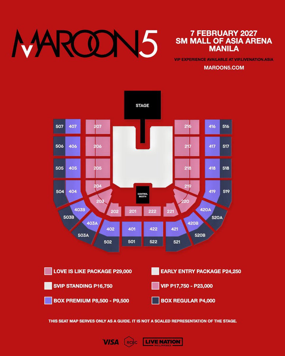 livenationph's tweet photo. Make room on your 2027 concert calendar for Maroon 5. 🎶

Experience Maroon 5 Asia 2027 Tour live in Manila at the SM Mall of Asia Arena.

📅 February 7, 2027
📍 SM Mall of Asia Arena

Tickets are available at https://t.co/BzT8Iq0dHa. 

For more info, visit https://t.co/TFXFfjwHBP.

#Maroon5inManila