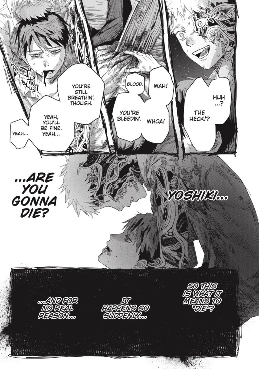 ILoveUAllSo2's tweet photo. #TSHD50 Spoilers
This part broke my heart. Seeing "Hikaru" realize in real time that to die can come so suddenly and even for no reason as he watches Yoshiki bleed out. It's heartbreaking how "Hikaru" thinks Yoshiki getting hurt is comeuppance for his lack of understanding. π https://t.co/5jDanV3sve