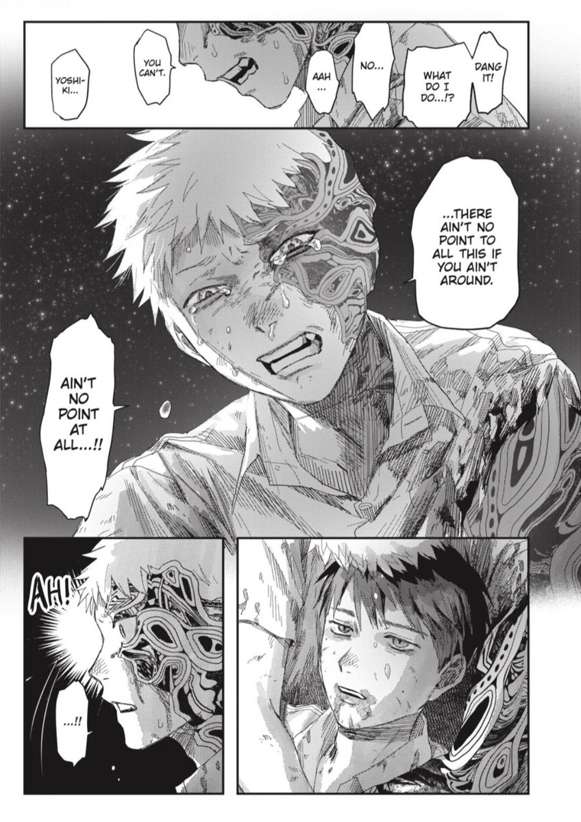 ILoveUAllSo2's tweet photo. #TSHD50 Spoilers
This part broke my heart. Seeing "Hikaru" realize in real time that to die can come so suddenly and even for no reason as he watches Yoshiki bleed out. It's heartbreaking how "Hikaru" thinks Yoshiki getting hurt is comeuppance for his lack of understanding. π https://t.co/5jDanV3sve