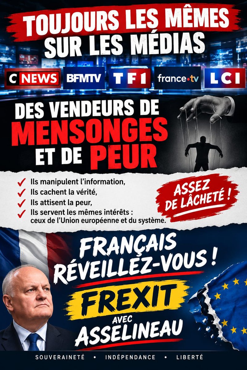 Charpentiernad4's tweet photo. 🇫🇷 Toujours les mêmes visages dans les médias ? 🤔

@CNEWS @BFMTV @franceinfo @LCI @TF1Info @TF1 : Donnez aussi la parole à François Asselineau !

📢 Partagez massivement ! Si les médias ne relaient pas ses idées, faisons circuler le débat ! ✊ https://t.co/Vm61iPqcFG