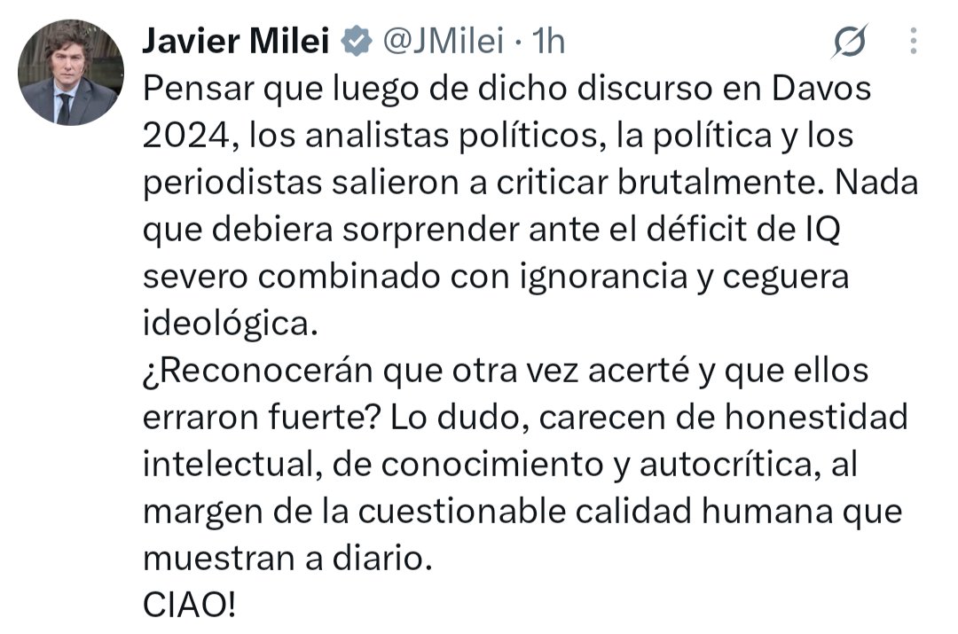 BastaPosta's tweet photo. Este tuit de Milei es un compendio de su mambo: proyección, autobombo, hipocresía y descalificación. Acusa a los demás de ignorantes, deshonestos y carentes de calidad humana mientras se presenta como el único que tiene razón. La autocrítica siempre es para el otro.
Un imbécil. https://t.co/eilHV8kKcE