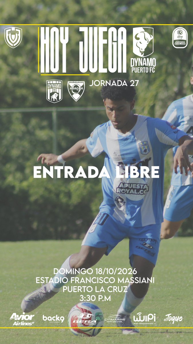DynamoPuertoFC's tweet photo. ⚽ HOY JUEGA DYNAMO

🏆 Liga FUTVE 2 | J27| 
🆚 Aragua FC
📆 Domingo 18 de octubre 
🕛 3:30 PM
🏟️ Francisco Massiani 
📍 Puerto La Cruz 
🛑 FIFA-DAZN
🎫 Entrada libre

#DaleDynamo👊🏼
#DaleBúfalo🦬
#DynamoPuertoFC🧬 https://t.co/XoYyxCS4DZ