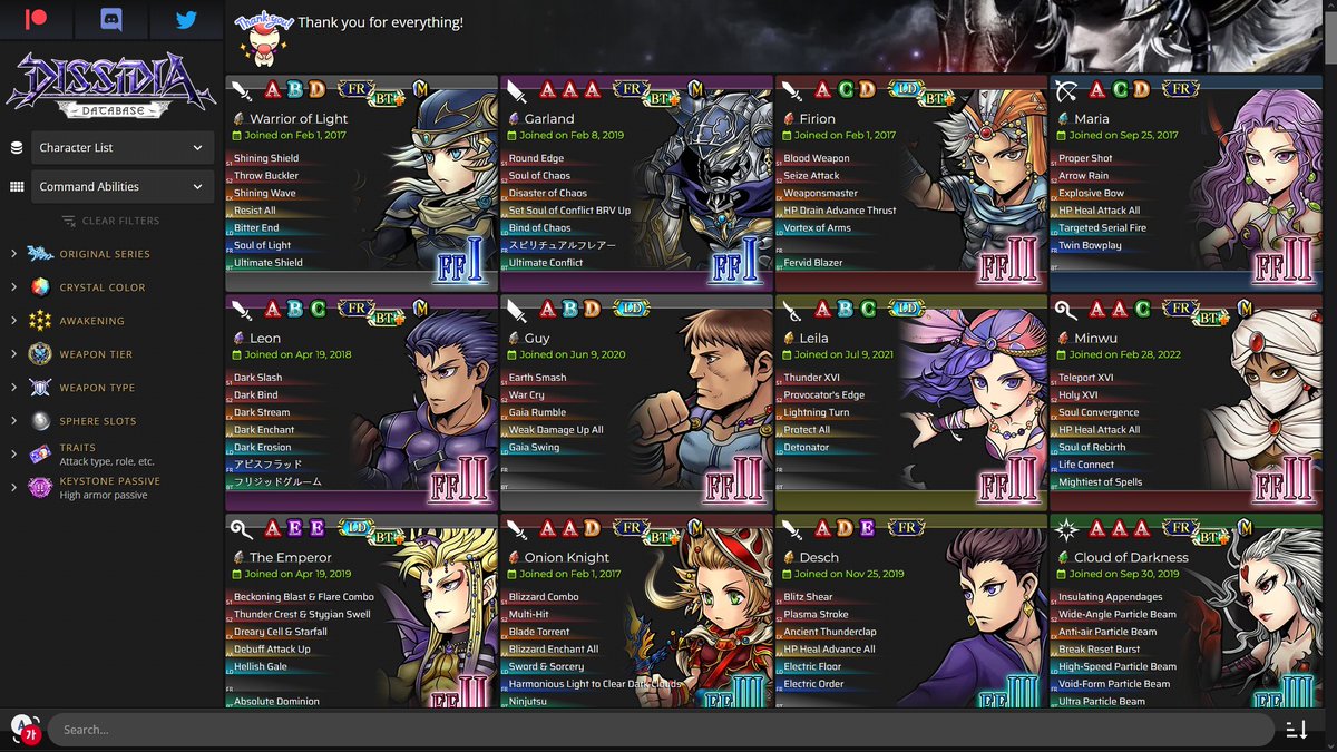 DissidiaDB's tweet photo. As part of my earlier decision, I've restarted development to properly turn https://t.co/0MKH4dzPvp into a complete museum of OO assets and data.

The process will be gradual, so you may look forward to seeing all the blanks/issues resolved progressively.
#DISSIDIA #FinalFantasy https://t.co/qA6NWAUc6Q