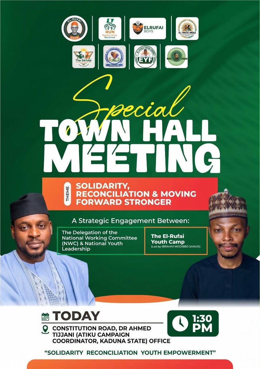 Muksah1's tweet photo. Don't allow to missed this special strategic engagement with the delegation of the National working committee (NWC) and National Youth Leadership, come one come all to rescue the country at large. Nigeria belongs to the Youth, let's restructure the system. We don't speak the change we make the change. Nigeria
I @atiku @elrufai 
@GovKaduna @ADCVanguard_ @B_ELRUFAI @DCLHausa