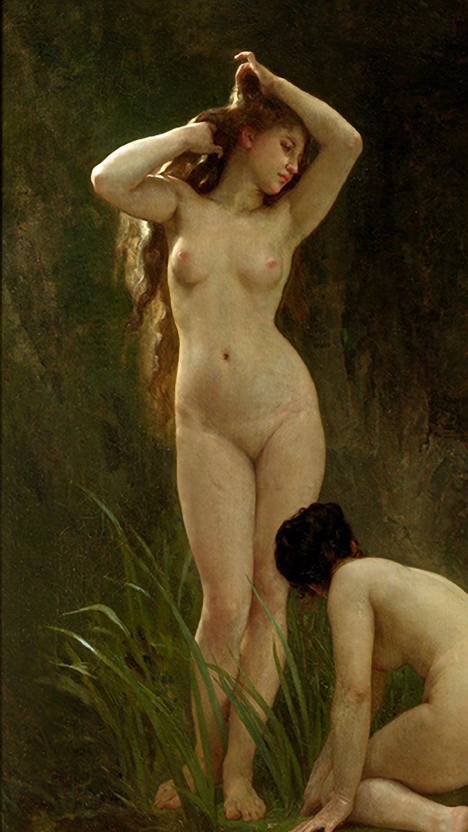 xmuse_'s tweet photo. What do you notice?

Look at these two figures.

Left: a nymph from Bouguereau's Nymphaeum, 1878.

Right: his Venus, painted a year later.

Bouguereau reused his own figure. 

He took that nymph, enlarged her, made her hair longer and lighter with a more intense sway. He recycled his own perfect figure and made it divine.

A good pose was too good to use only once.