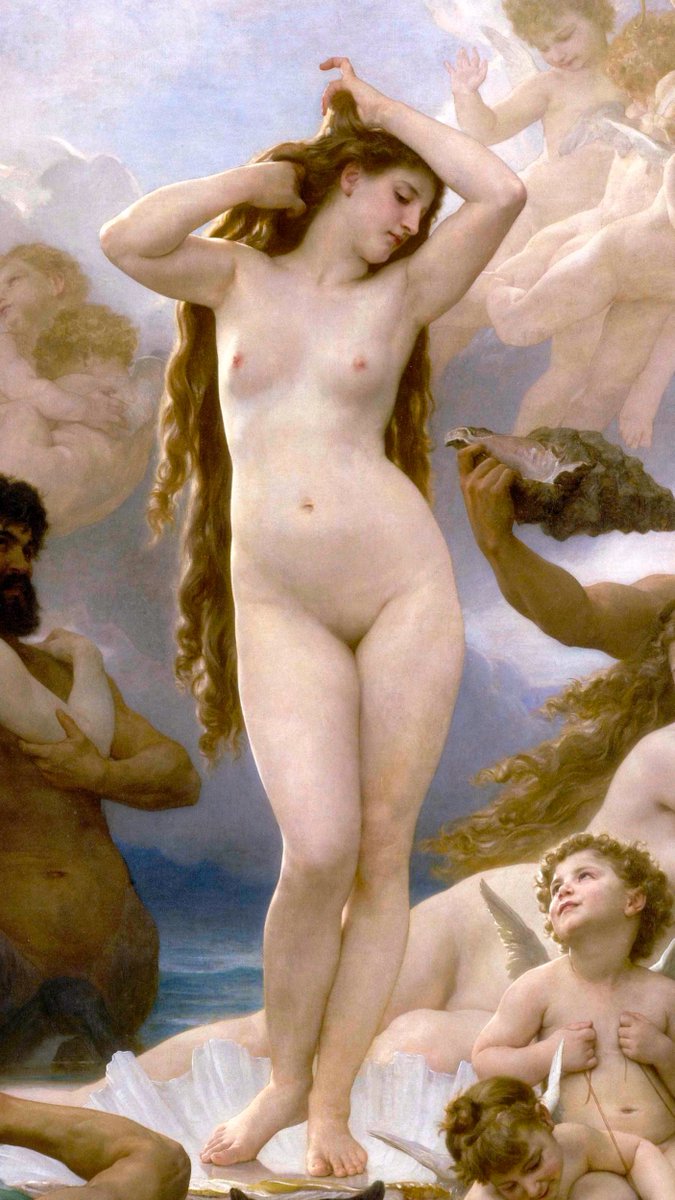xmuse_'s tweet photo. What do you notice?

Look at these two figures.

Left: a nymph from Bouguereau's Nymphaeum, 1878.

Right: his Venus, painted a year later.

Bouguereau reused his own figure. 

He took that nymph, enlarged her, made her hair longer and lighter with a more intense sway. He recycled his own perfect figure and made it divine.

A good pose was too good to use only once.