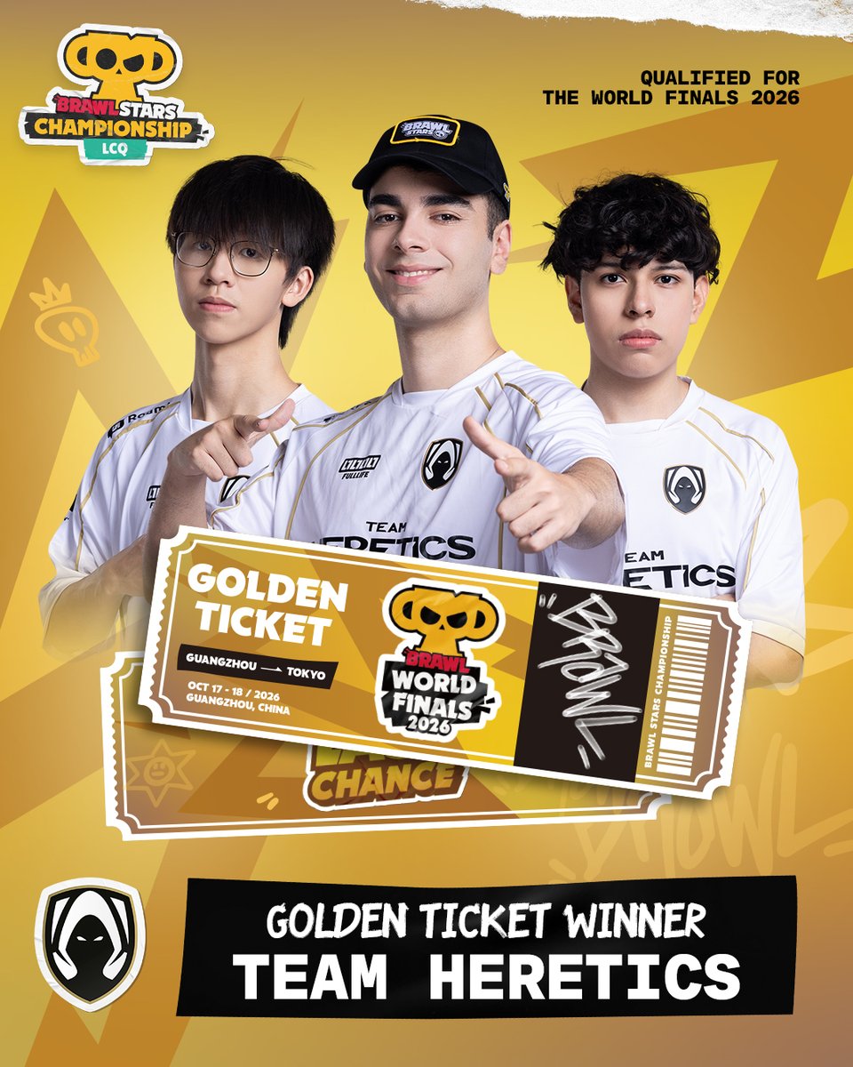 Brawl_esports's tweet photo. TEAM HERETICS COMPLETE THE MISSION 🫡

@HereticsBrawl grab the final Golden Ticket and punch their ticket to the 2026 Brawl Stars World Finals in Tokyo 🇯🇵

#BSC26 #BSWF26 https://t.co/qlCQDLR2HZ