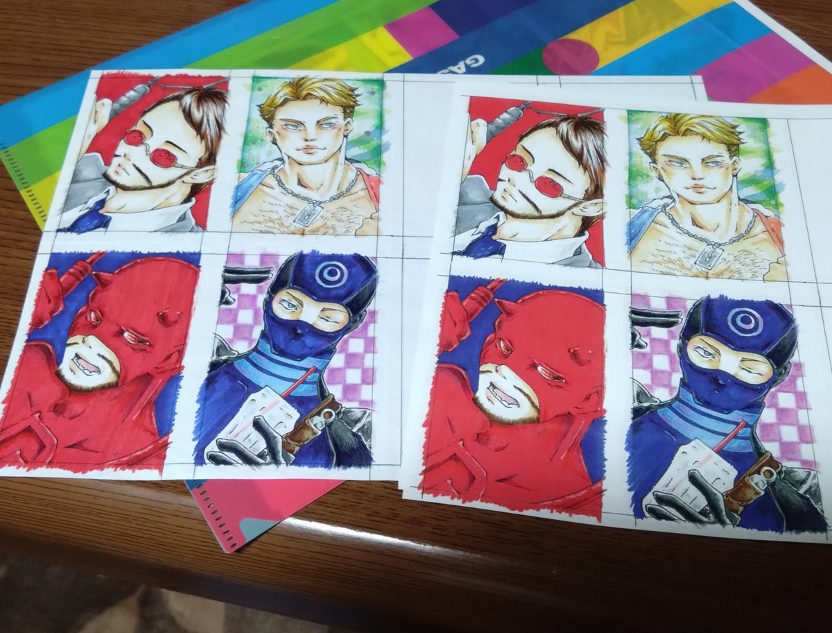 GAR0_1991's tweet photo. この度、初めてペーパーカッターを導入😂

イラストカードは3枚印刷してきたよ😗
デアデビルが顕著だけど、こう、カスレ感が無くなってて、印刷したときの弊害というか、お得というか。
原画ママ、とはいかないから、いつも手描き量産するか悩むー🫠🫠 https://t.co/KOPd9u2lQN