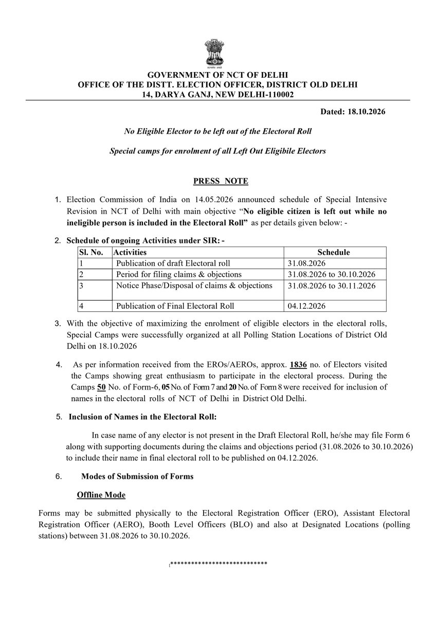 DEOOldDelhi's tweet photo. Note for special camp organized in Old Delhi District on 18.10.2026.
@ecisveep @ceodelhioffice
#SIR2026 #SIRDELHI #SPECIALCAMPPress https://t.co/0TnZgF1hq9