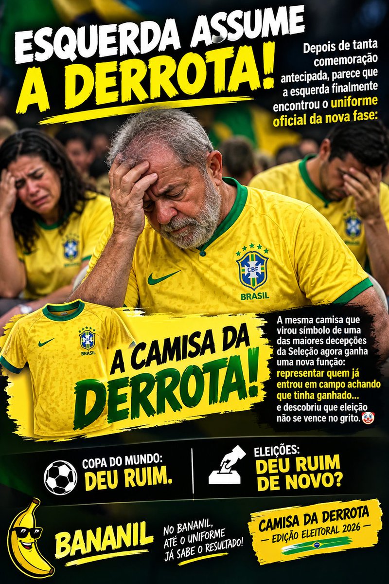 Padovan10's tweet photo. @roxmo 🇧🇷 ESQUERDA ASSUME A DERROTA! 😂
Depois de tanta comemoração antecipada, parece que a esquerda finalmente encontrou o uniforme oficial da nova fase:
👕 A CAMISA DA DERROTA!
A mesma camisa que virou símbolo de uma das maiores decepções da Seleção agora ganha uma nova função: https://t.co/3uLp1m8M0o