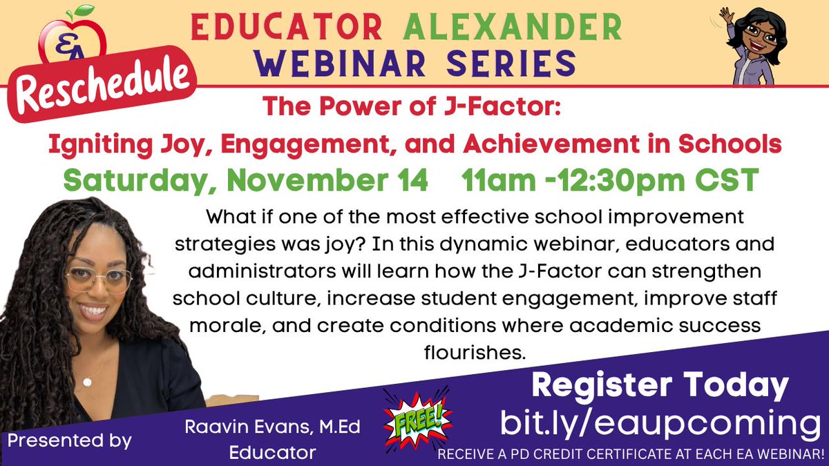 educatoralex's tweet photo. RESCHEDULED
The Power of J-Factor: Igniting Joy, Engagement, and Achievement in Schools
Sat., Nov 14
11am-12:30pm cst
☑️https://t.co/wSYSNiAdEz
#edu #classroom #k12 #joy #joyfulclassroom https://t.co/ej3n9Kk4qn
