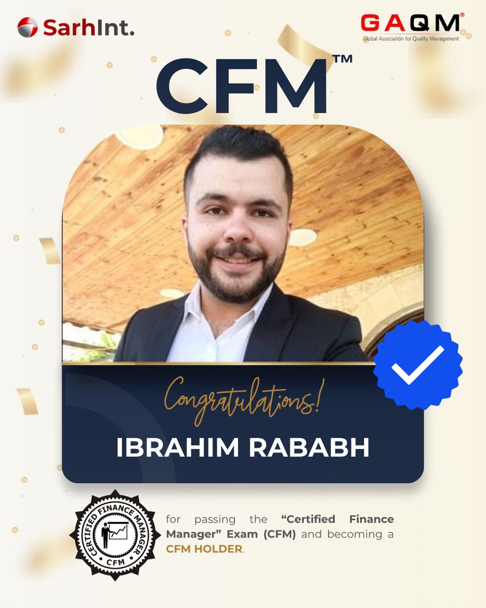 Sarhgroup's tweet photo. تهنئة ومباركة 🎊
نبارك لإبراهيم ربابعه اجتياز امتحان المدير المالي المعتمد CFM™ من GAQM والحصول على الشهادة، ونتمنى له مسيرة مهنية حافلة بالنجاح.
للاستفسار: 0778150841
#CFM #صرح_العالمية https://t.co/P1lLk1qGsf