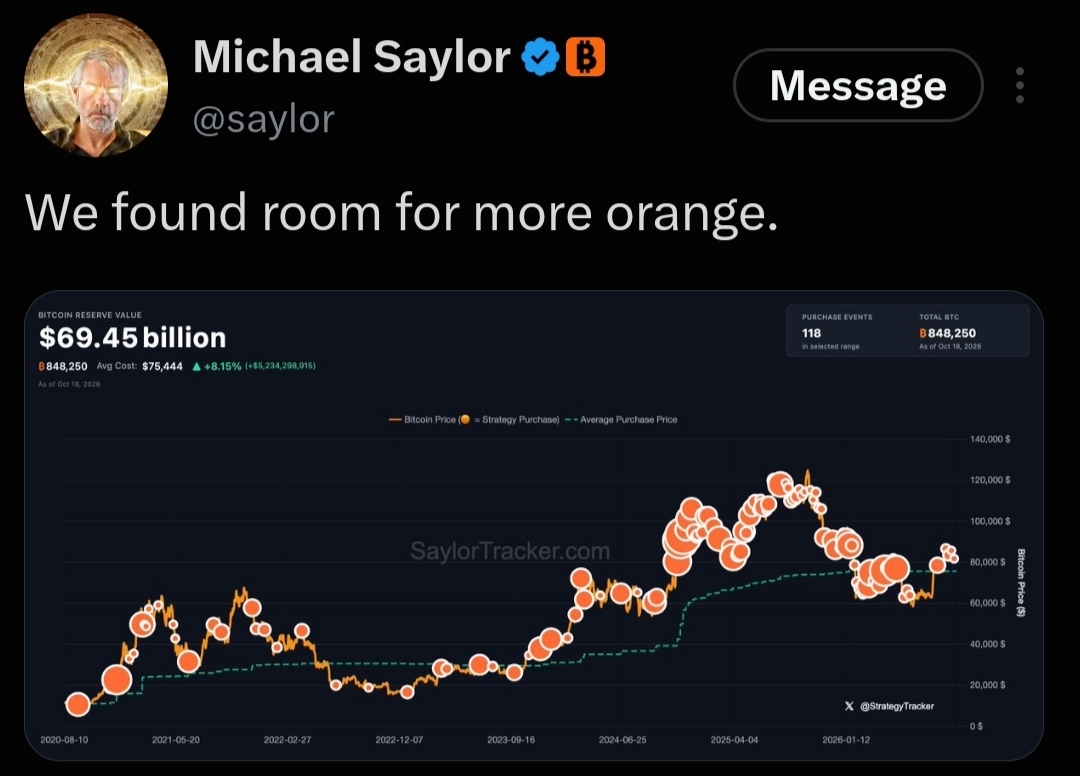 AshCrypto's tweet photo. 🇺🇸 Michael Saylor hints on buying more Bitcoin.  

“We found room for more orange.” https://t.co/YKhEU7KzNY
