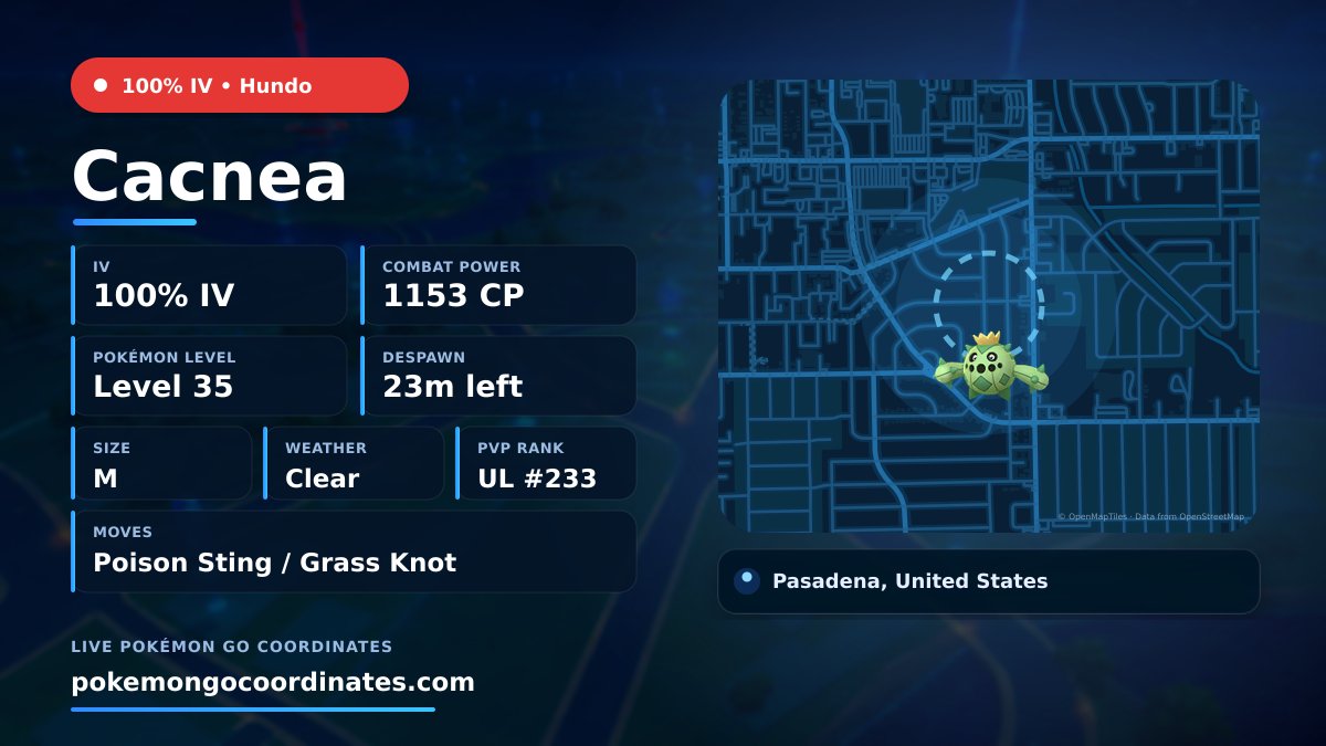 CoordsPokemonGo's tweet photo. Maxed #Cacnea Wild Spawn
💯 100% IV • 1153 WP • Level 35 • Size M
Moves: Poison Sting/Grass Knot
Weather: Clear
🇺🇸 Pasadena, United States
Despawns in 23 minutes
29.685952,-95.194907

#100IVLevel35 • #PoGo https://t.co/4fGPUHgNj5